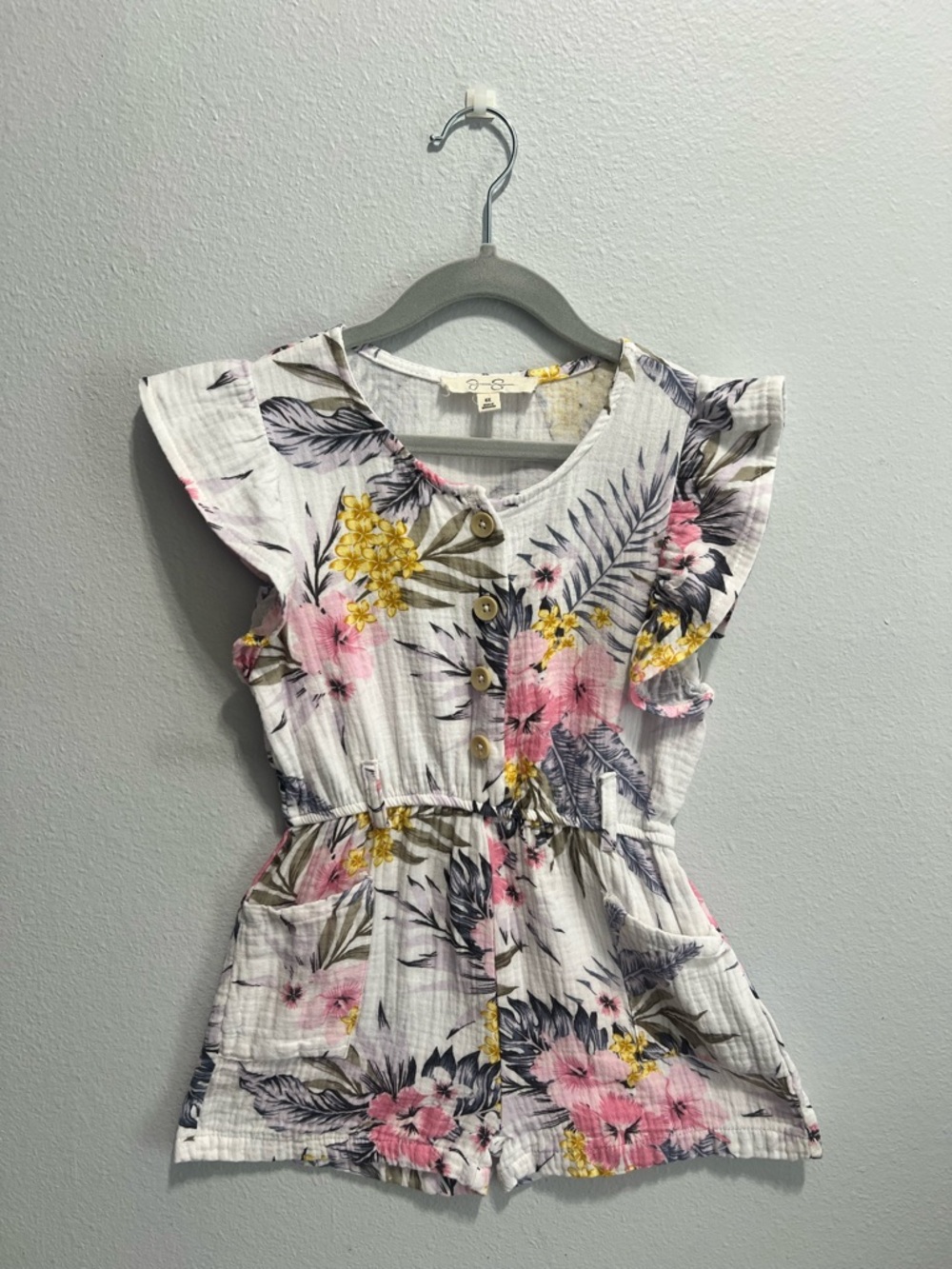 Girls Floral Button-Front Romper in White with Pink & Yellow Flowers